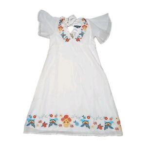 ModCloth White Embroidered Boho Bird Floral A-Line Dress Size 2 Flutter Sleeves